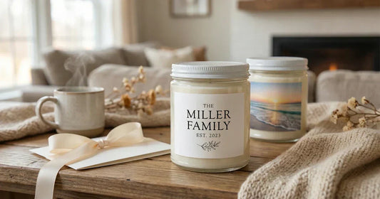 Personalized custom candle with a photo label styled in warm home light on a clean table for an evergreen Custom Envy blog hero.