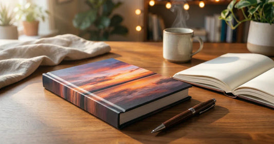 Premium personalized journal with a custom wraparound cover, styled on a clean desk with soft morning light and an open journal beside it for a polished Custom Envy blog hero.