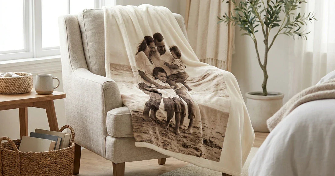 Premium custom photo blanket draped over a warm living-room couch, showing a crisp family photo print and soft gift-worthy texture in natural light.