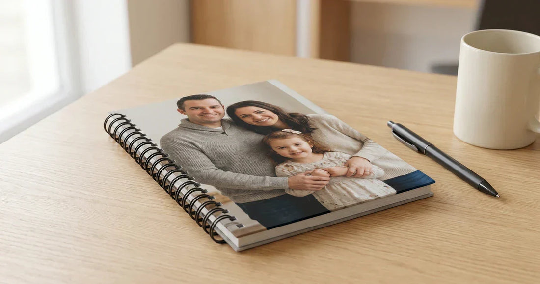 Personalized custom spiral notebook on a back-to-school desk with pens and work notes.