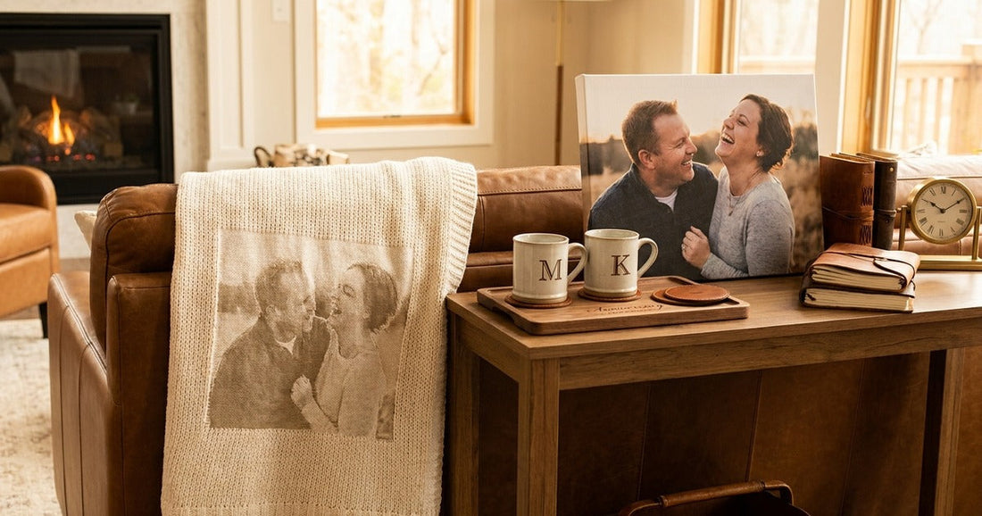 Premium anniversary gift scene with a personalized photo blanket, framed canvas print, and couple-use keepsakes styled in a warm home setting for a Custom Envy blog hero.