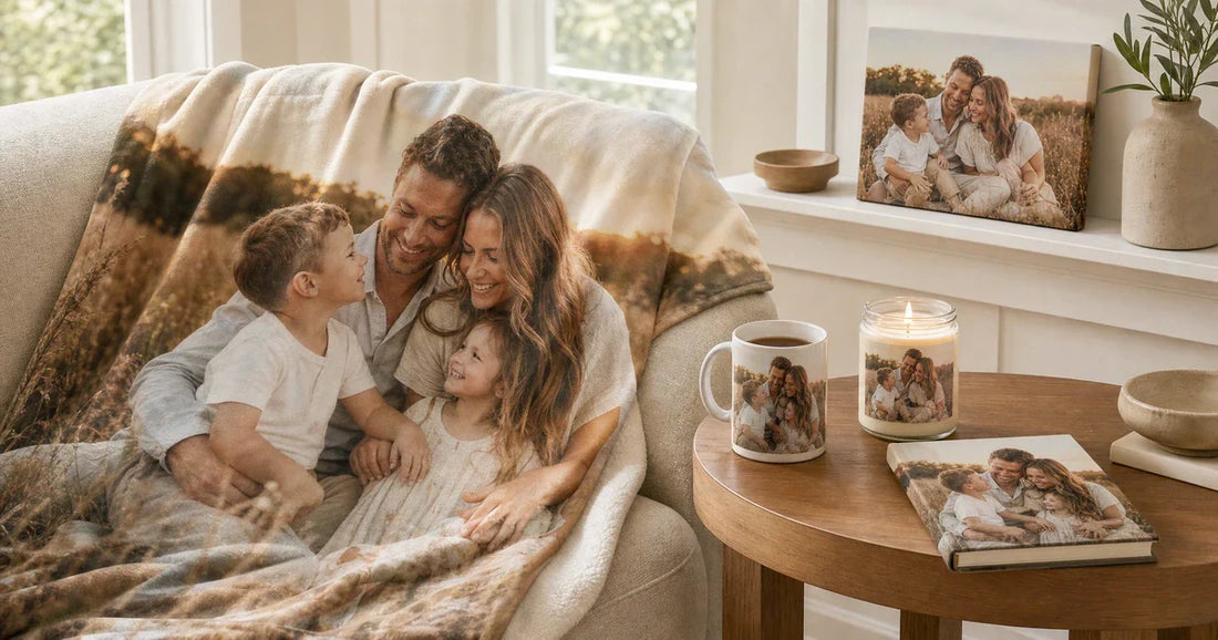 Evergreen custom photo gifts hero with a personalized blanket, photo mug, custom candle, canvas print, and journal styled together in warm home light for Custom Envy.