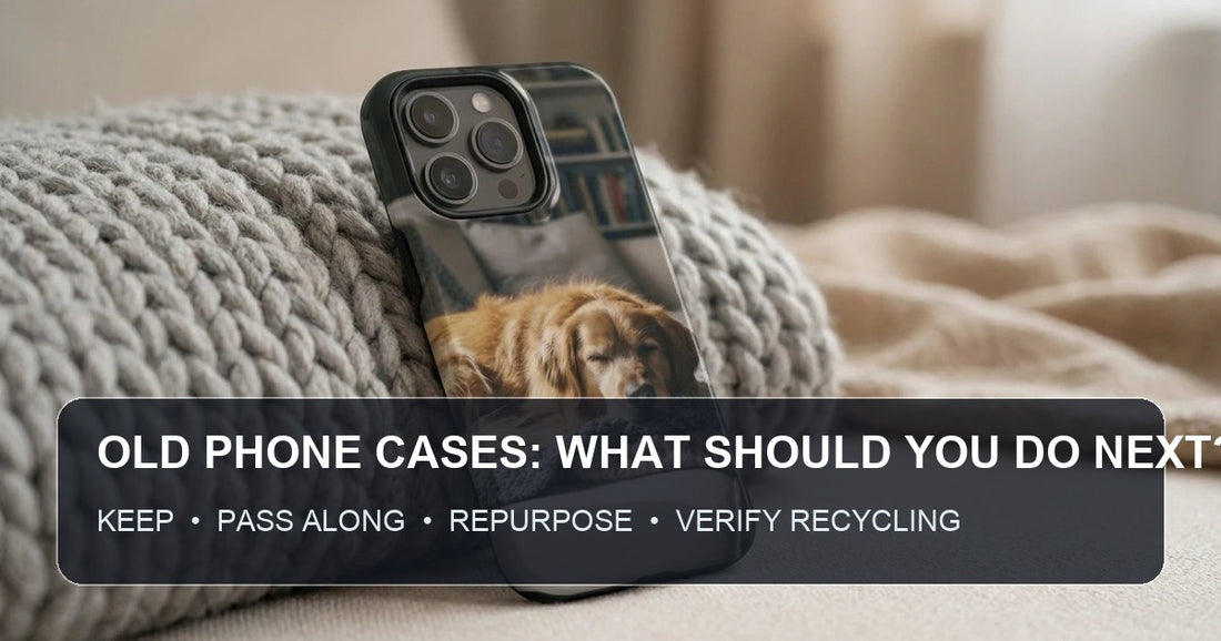 Custom phone cases with options to keep, pass along, repurpose, or verify recycling before an iPhone 18 upgrade.