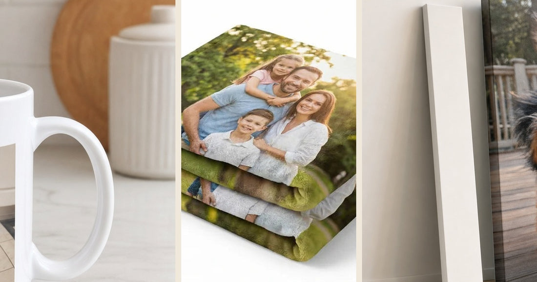 Personalized gifts for couples including photo mugs, a custom blanket, and a canvas print.