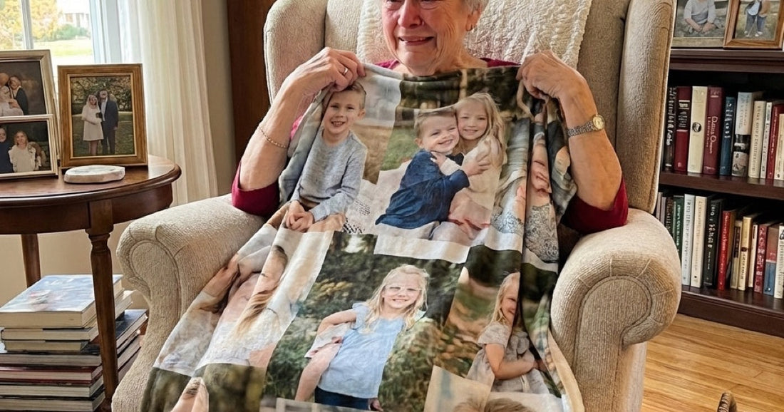 Personalized gifts for grandparents with a family photo blanket in a comfortable home setting.