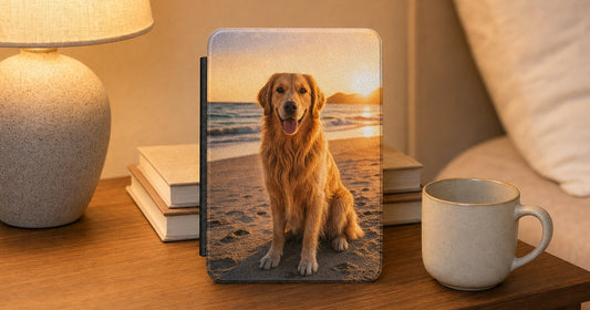 Custom Kindle case design with a pet photo printed edge to edge on the front folio cover.