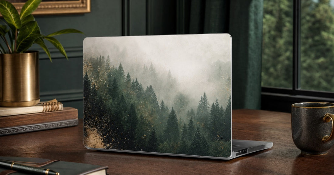 Custom MacBook case buying guide with a misty forest design printed across the matte front shell.