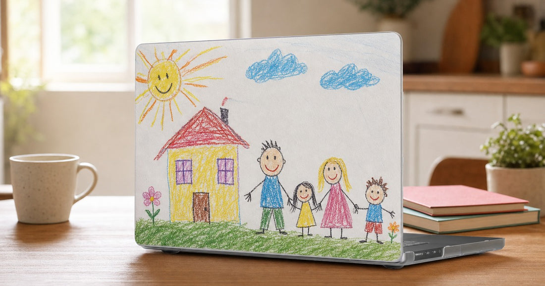 Custom MacBook case design featuring a child's colorful original family artwork across the front shell.
