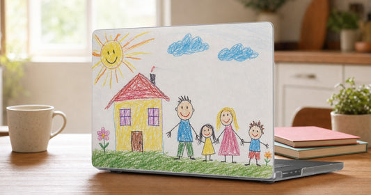 Custom MacBook case design featuring a child's colorful original family artwork across the front shell.