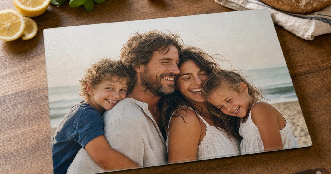 Custom glass cutting board size and shape guide with a family photo design on a rectangular board.