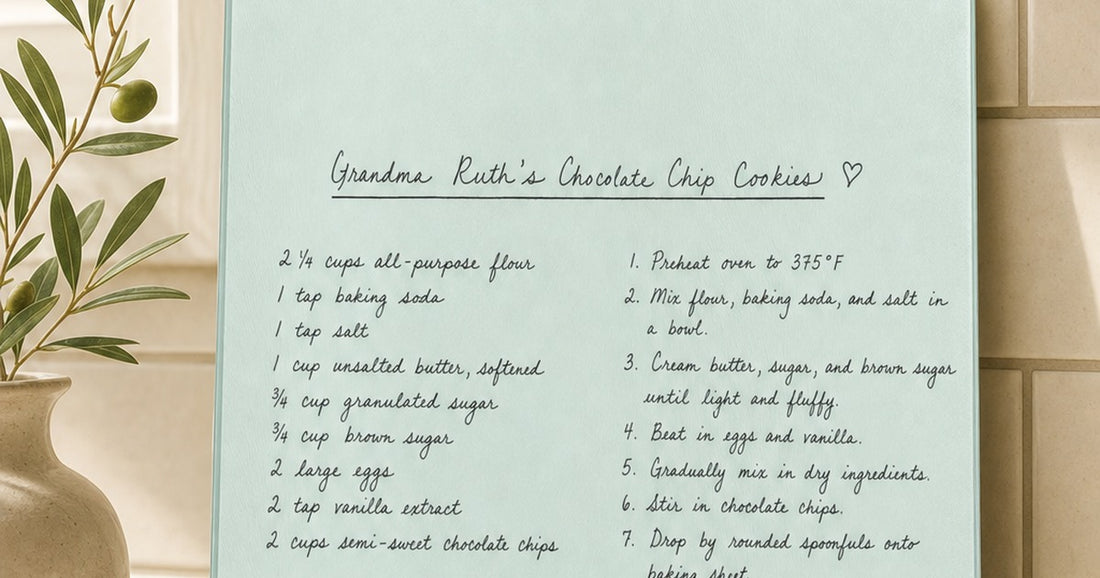 Handwritten family recipe design displayed on a personalized glass cutting board in a kitchen setting.