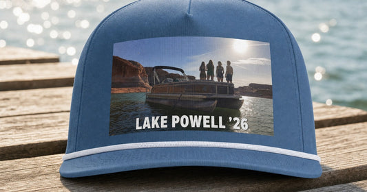 Blue Jean custom rope cap printed with a Lake Powell '26 pontoon trip photo.