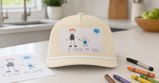 Ivory custom rope cap printed with an original child drawing reading I LOVE MY DAD.