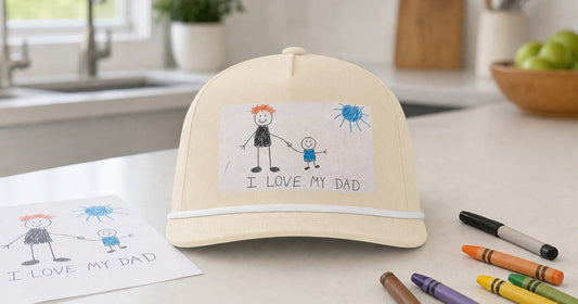 Ivory custom rope cap printed with an original child drawing reading I LOVE MY DAD.