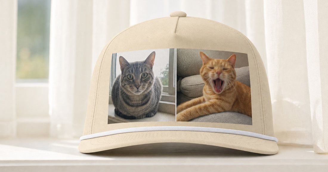 Ivory personalized rope cap printed with a two-cat photo collage.