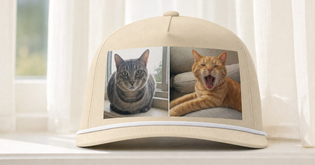 Ivory personalized rope cap printed with a two-cat photo collage.
