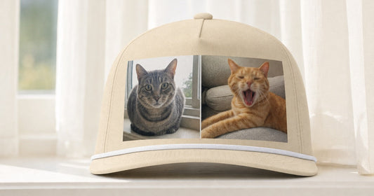 Ivory personalized rope cap printed with a two-cat photo collage.