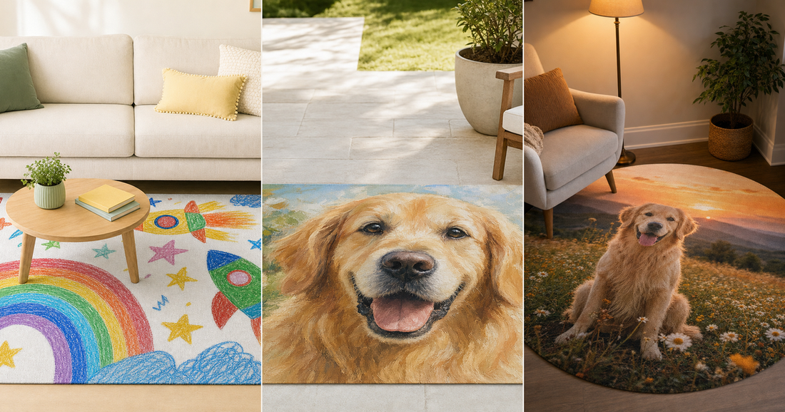 Custom photo rug size guide comparing Area, Outdoor, and Round personalized rug styles.