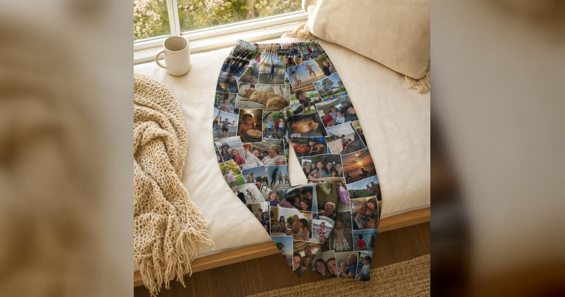 Custom photo pajama pants printed with a collage of family, pet, travel, and everyday memories.