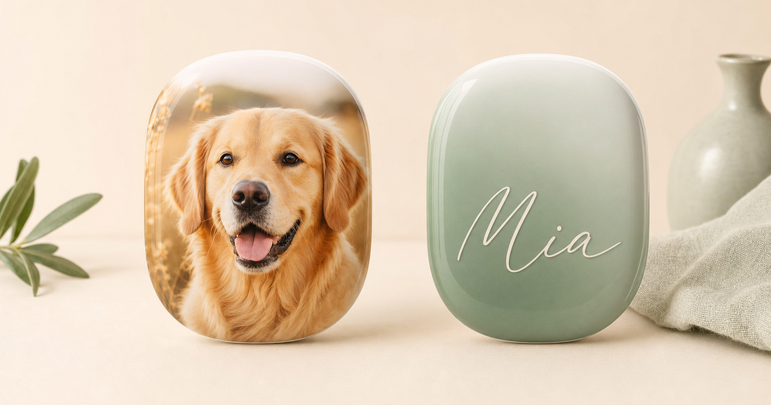 Custom AirPods Max case design showing coordinated photo and name artwork across left and right shell covers.