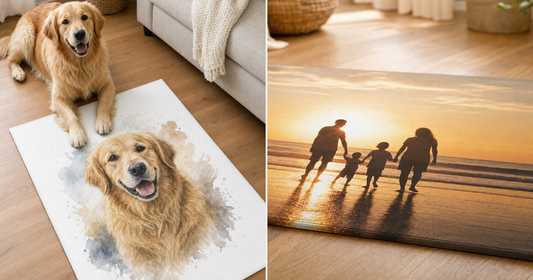 Custom photo rug design workflow showing a clear source image and a room-ready personalized rug preview.