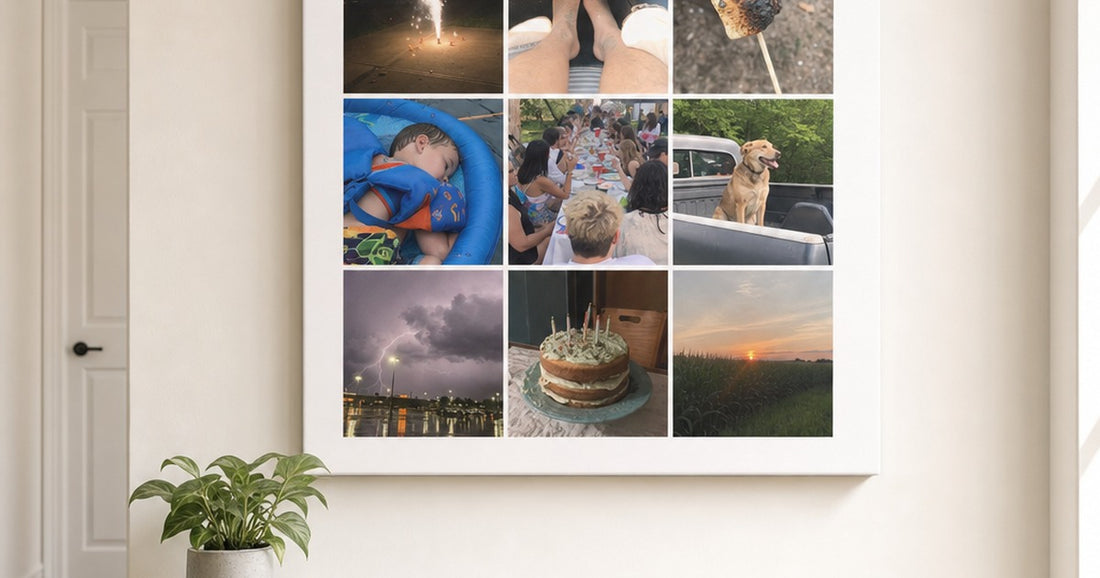 Custom photo canvas collage arranged as personalized wall art.