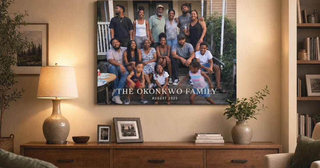 Personalized family photo canvas displayed as warm wall art in a home.