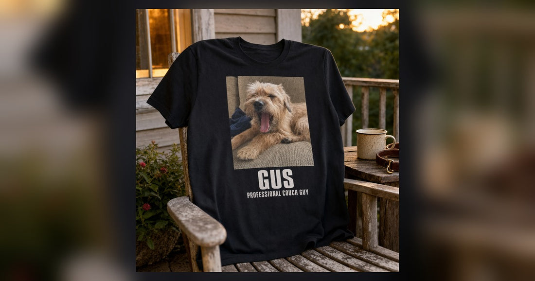 Black custom t-shirt printed with a dog photo and the name Gus.