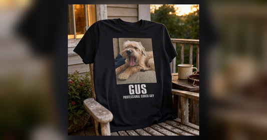 Black custom t-shirt printed with a dog photo and the name Gus.