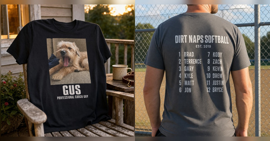 Front photo design and back roster design shown side by side on custom t-shirts.