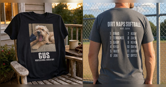 Front photo design and back roster design shown side by side on custom t-shirts.