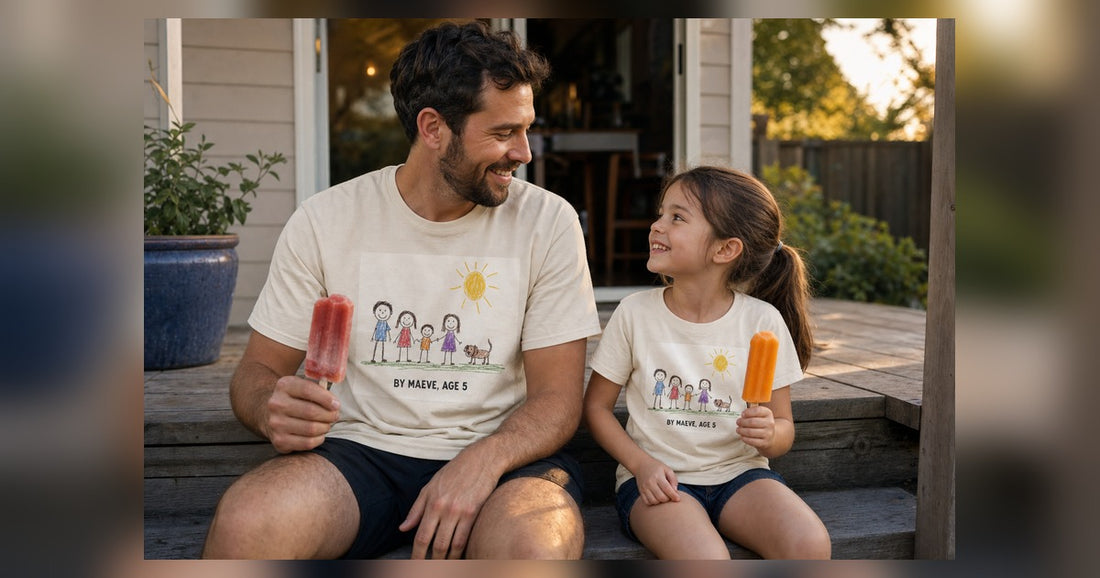 Adult and child wearing matching custom white t-shirts printed with the same family drawing.