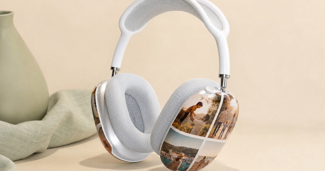 AirPods Max headphones wearing custom photo shell covers on both ear cups.