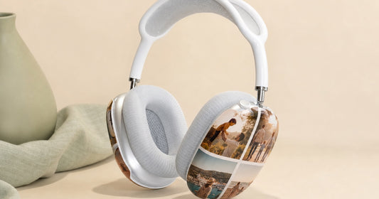 AirPods Max headphones wearing custom photo shell covers on both ear cups.