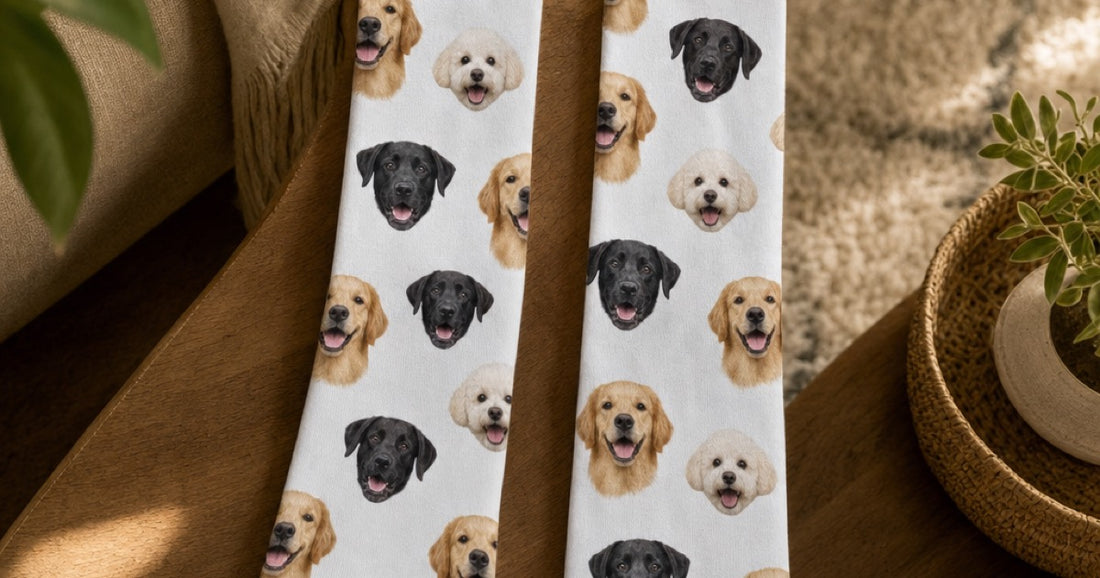 Custom photo socks featuring repeated pet faces across both legs.