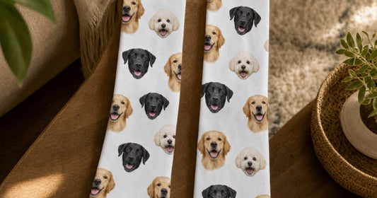 Custom photo socks featuring repeated pet faces across both legs.