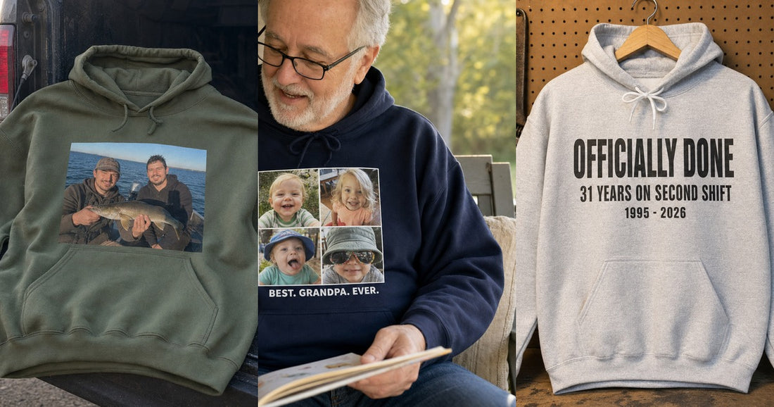 Dark green, navy, and sport grey custom hoodies shown side by side with personalized designs.