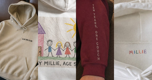 Four custom hoodie print examples showing a chest design, artwork, sleeve text, and a neck label.