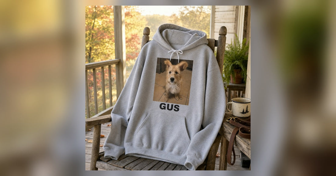 Custom hoodie featuring a clear pet photo and personalized name artwork.