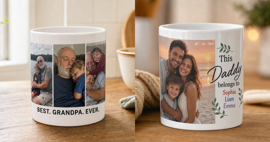 Custom ceramic mug photo wrap shown from multiple angles with the design preview beside it.
