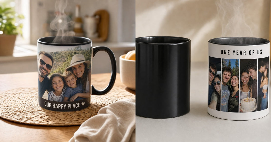 Cold black color changing mug beside the same mug revealing a personalized family photo with heat.