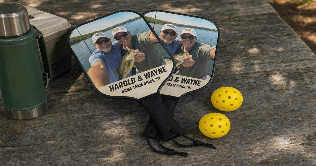 Two matching personalized pickleball paddles with one photo design shown across both paddle faces.