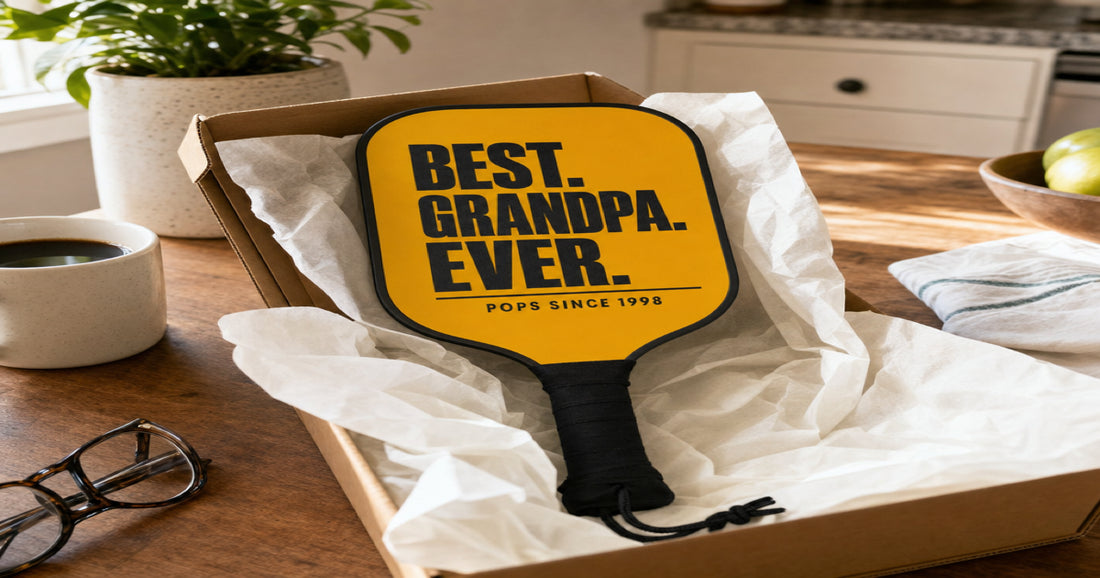 Personalized pickleball paddle presented as a gift in an open box.