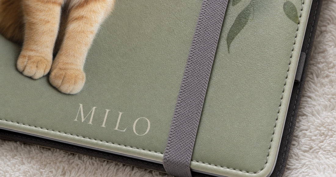 Close view of the satin printed exterior, elastic closure, and stitched edge of a custom iPad folio case.