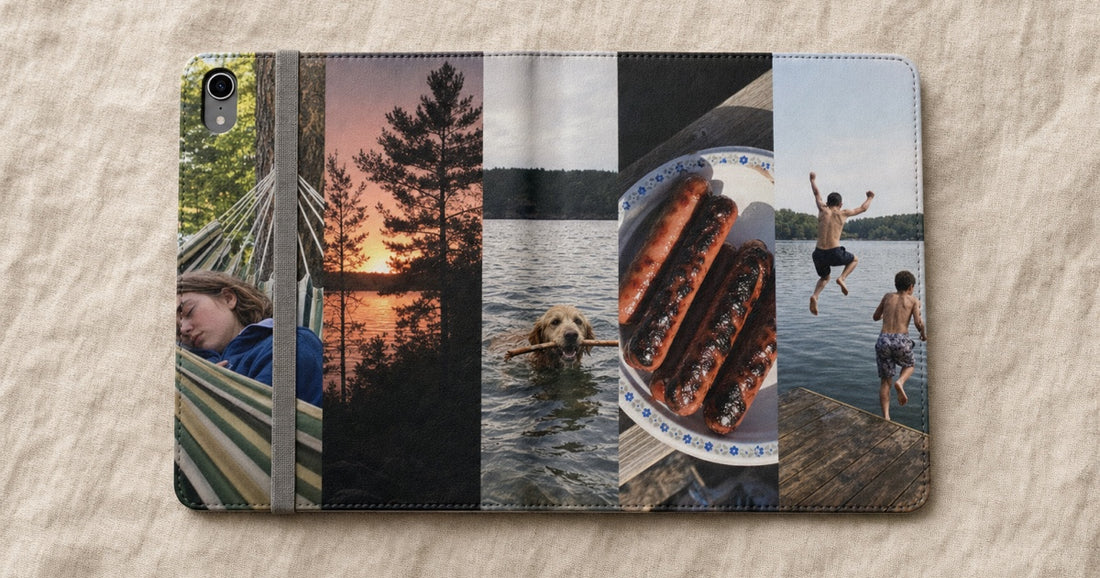Custom iPad folio case opened flat to show one continuous photo design across the back, spine, and front cover.