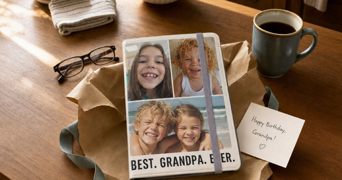 Personalized iPad folio case presented as a grandparent gift with four family photos on the outer cover.