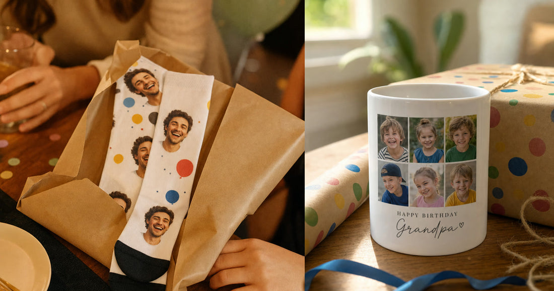 Personalized birthday gifts including custom photo socks and a ceramic photo mug arranged for a birthday.