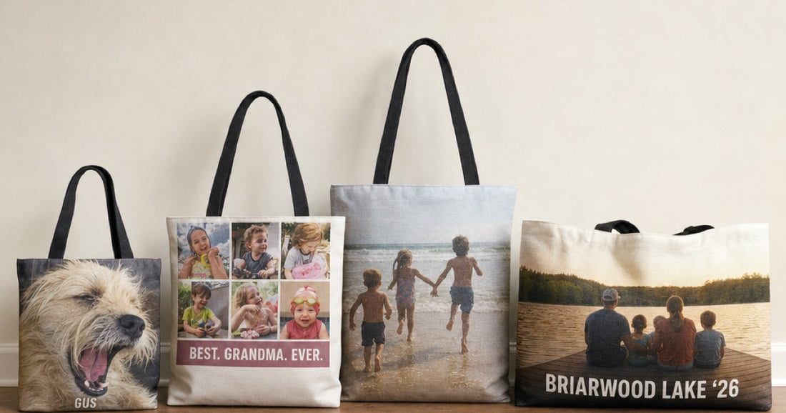 Four personalized Custom Envy bags showing Everyday Tote, Full-Coverage Tote, Woven Tote, and Weekender styles.