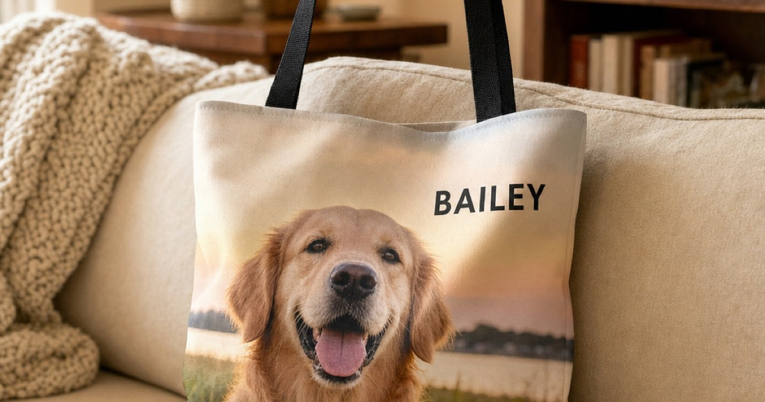 Everyday tote printed edge to edge with a golden retriever photo and the name Bailey.