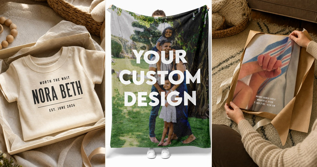 Personalized baby gifts including a custom infant shirt, folded photo blanket, and framed newborn canvas.